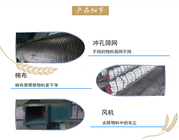 糧食拋光機(jī)是利用螺旋傳動(dòng)原理運(yùn)送物料，通過(guò)純棉帆布對(duì)物料的摩擦力，除去各種豆類、谷物表面粘附的粉塵、泥垢，將表皮拋光、擦亮，同時(shí)還可以去除玉米蒂頭等雜物，使糧食表面泛出誘人的光澤，提高商品糧等級(jí)。